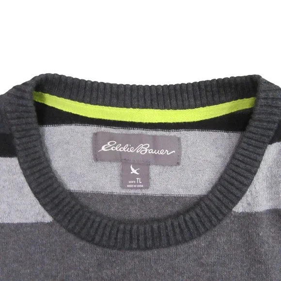 Eddie Bauer Mens Sweater TL Gray Striped Cotton Merino Wool Crewneck 15885 - Picture 3 of 8